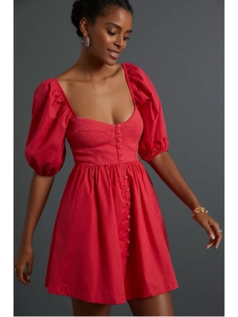 Anthropologie Maeve Puff-Sleeve Sweetheart Mini Dress Pink Salmon S